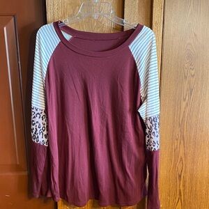 Women's Burgundy Raglan Sleeve Top with Striped & Leopard Accents